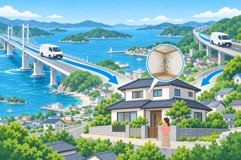 東と西の両方から業者の車が家へ向かう、出張対応のイラスト