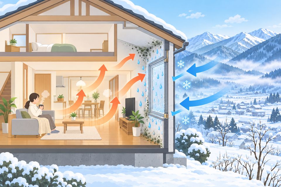 山に囲まれた盆地の家で朝晩の冷え込みにより窓が結露する図