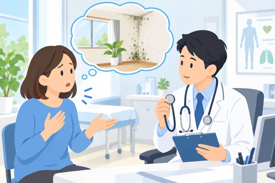せきが続く人が医師に住まいのカビのことを相談する場面