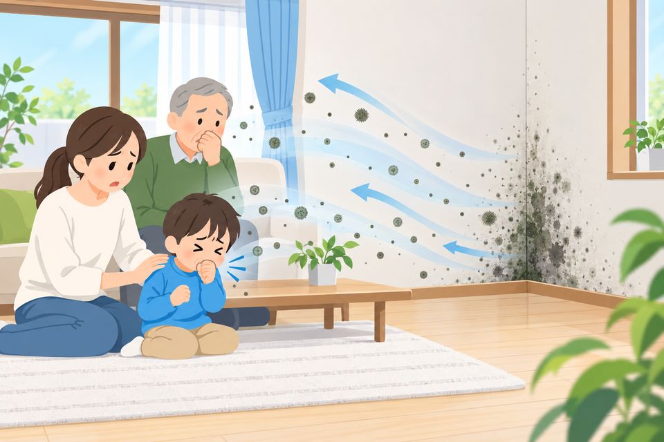 部屋の隅のカビの近くで、子どもがせきをしている家族の図解