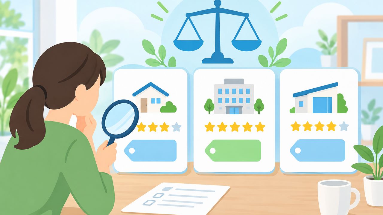 複数の業者の評価と料金を見比べる様子のイラスト