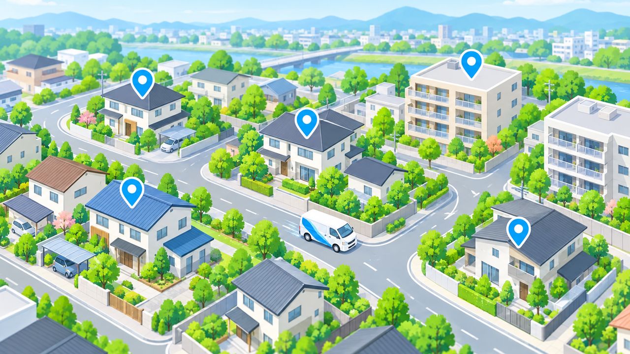住宅地の中で近くの業者の場所を示すイラスト