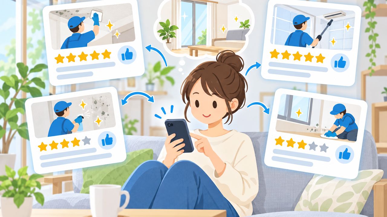 スマホで星の数と口コミを見比べる様子のイラスト